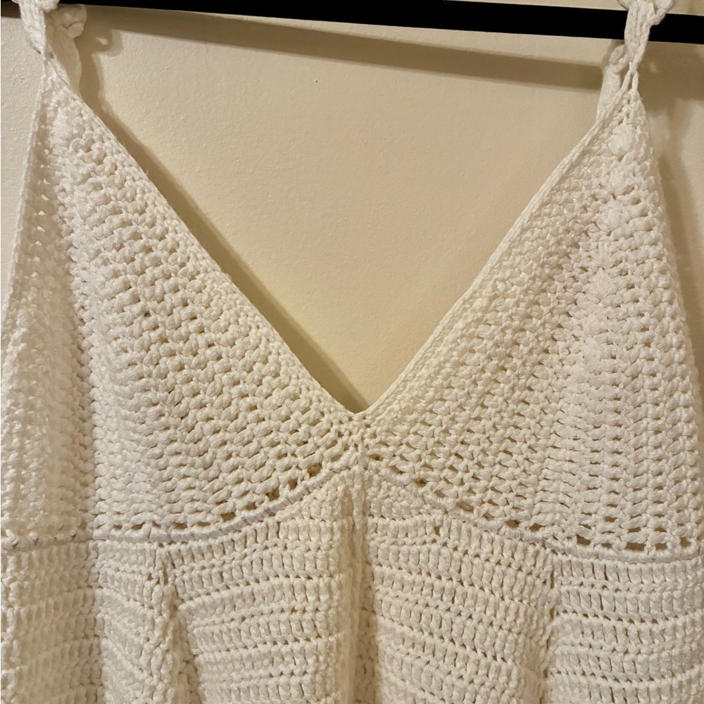 POL Crochet Knit Cropped Babydoll Tank  Cream White Festival Boho Coquette EUC S - Picture 3 of 9